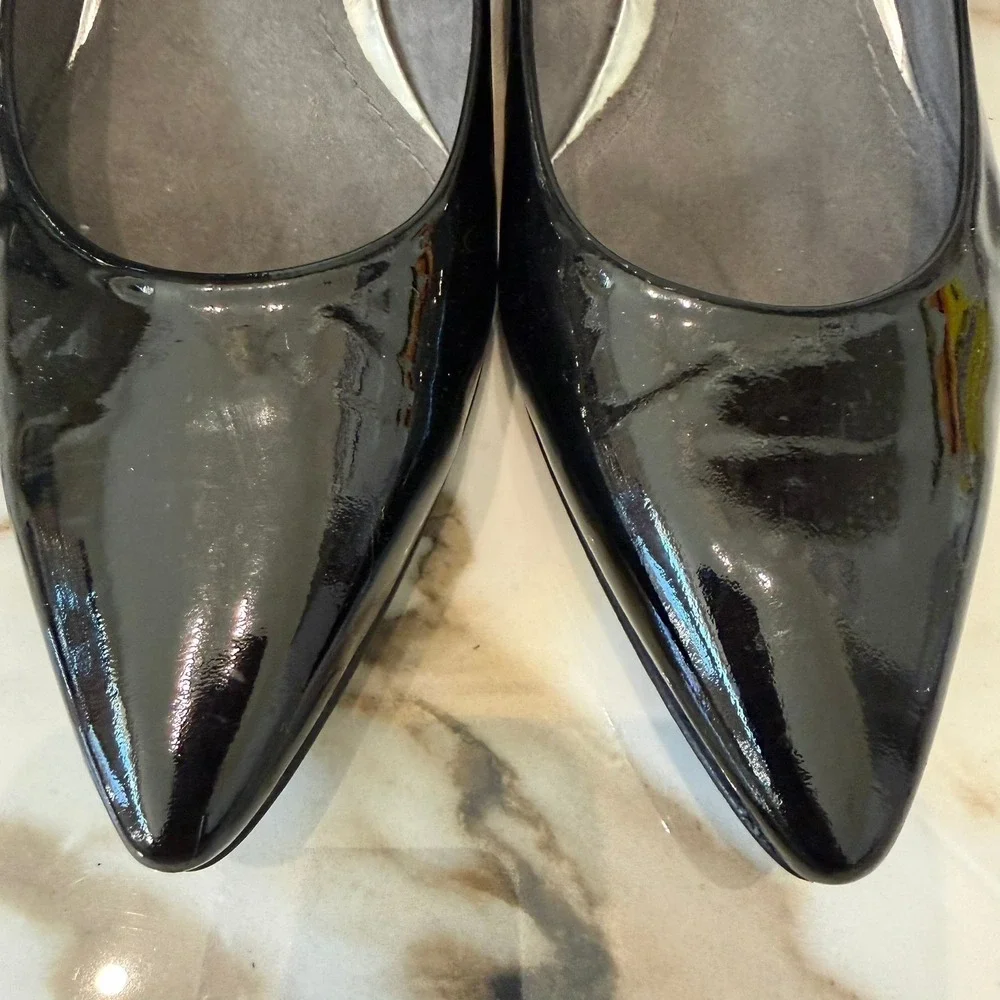 Stuart Weitzman Pumps Women's 9.5 Black Patent Leather‎ Pointed Toe Wedge - Picture 3 of 10